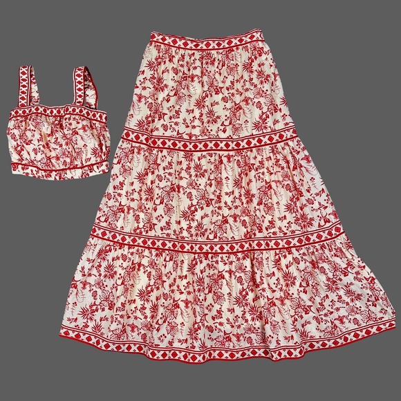 Japna Dresses & Skirts - Japna Red Floral Two Piece Set Women's Small Smocked Crop Top Tiered Maxi Skirt